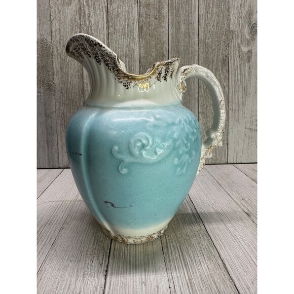 W.H Grindley & Co England Antique Pitcher Porcelain Blue White Gold 7" Tall - Picture 1 of 11